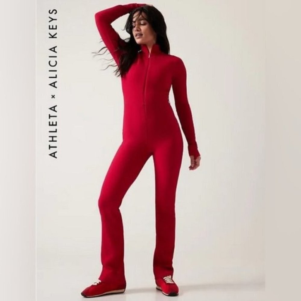 Athleta X Alicia Keyes Goddess Full Length Red Ribbed Zip Jumpsuit